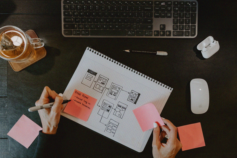 Web Designer planning user flow with grid paper and sticky notes